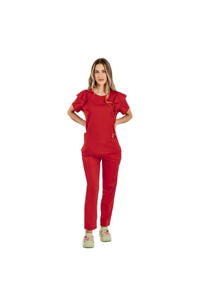 RUNI Costum medical stretch Cristina, culoare rosu, bluza cu volane si pantal...