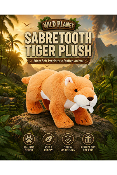 Wild Planet Sabretooth Tiger Plush 30cm Soft Prehistoric Stuffed Animal Reali...