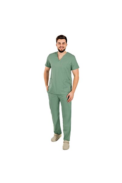 RUNI Costum medical stretch barbati olive cu bluza in V si pantaloni cu snur ...