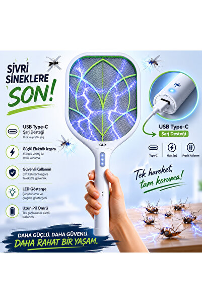 Coverzone Bas Çek Düğmeli USB Şarjlı Elektrikli Sinek Öldürücü Raket LED Işık...