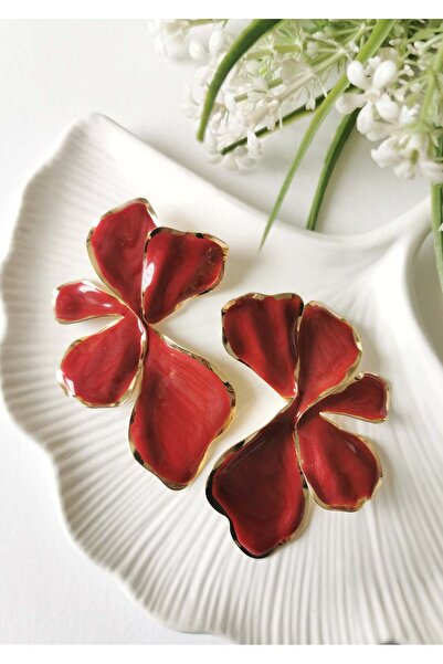 Halley Concept Red Enamel Plated Flower Shaped Steel Earrings 4.5 X 7 cm