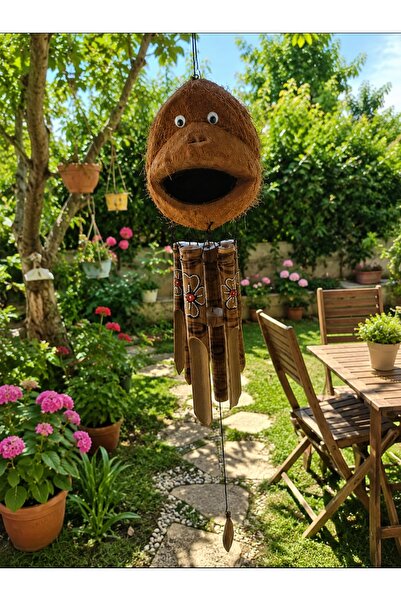 WoodBay El Yapımı Maymun Kafalı Rüzgar Çanı Hindistan Cevizi Bambu Dekoratif ...