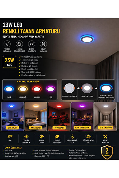 Yapısan 23W Renkli LED Tavan Armatürü RGB Dekoratif Panel Işık