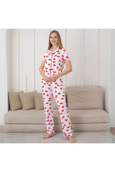 Arya Nisa Kids White Heart Patterned Front Buttoned Short Sleeve Lycra Viscos...