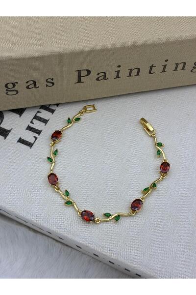 Hedef Bijuteri Gold Color Burgundy Zircon Stone Green Leaf Detailed Ivy Brace...