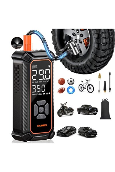 Runex Compresor Auto Portabil, 120W, 12V, 6000 mAh, Afisaj LED, Oprire Automa...