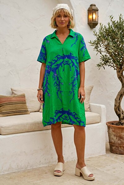 Chiccy Blue-Green Shirt Collar Short Sleeve Patterned Casual Viscose Woven Dr...