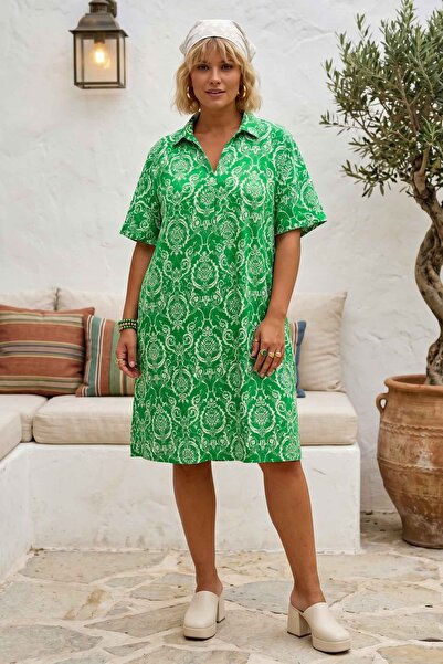 Chiccy Green Shirt Collar Short Sleeve Patterned Casual Viscose Woven Dress 1...