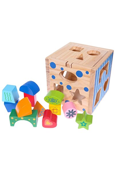 Ecotoys Joc de sortare din lemn, cub educativ + blocuri