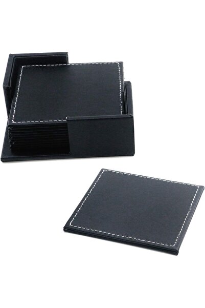 Arabest 6 Pack Premium PU Leather Square Drink Coasters,Heat Resistant,Black,...