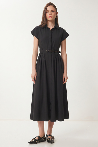 Lovelyİstanbul Rochie cămașă midi cu curea LUB0367 NEGRU