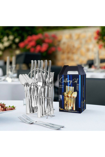 OEM 24-Piece Silver Stainless Steel Cutlery Top Bottom Set with Stand, for 6 ...