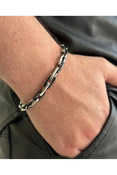 stainles steel Steel Men's Bracelet - Modern Design Silver and Black Two-Tone...