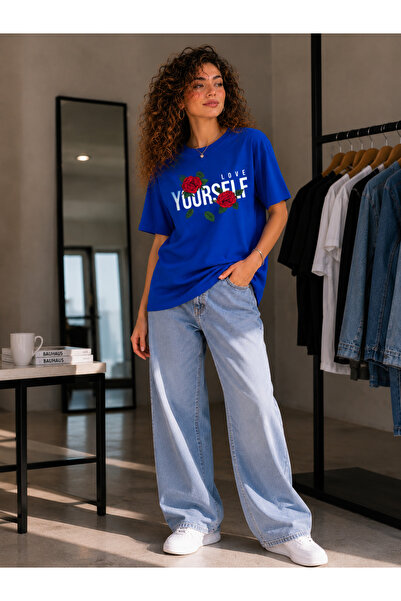 ENB1R MODA Γυναικείο μπλουζάκι Saks Blue Basic με στάμπα με λέξη Love Yoursel...