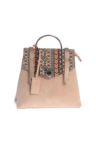meli melo Beige Backpack with multi-colored textile flap and ethnic print