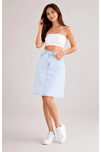 TugsatTasarTekstil Women's Blue Denim Skirt High Waist Midi Length Denim Lycr...