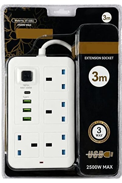 Generic Extension Socket ST-43SU, 3-Way, 3m Cable, 2500W Max, with USB and Ty...