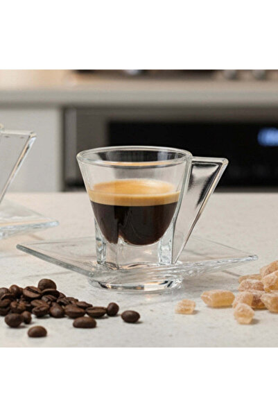 dealshopromania Set of 6 Glass Coffee Cups 180 ml with Saucers, Elegant Moder...