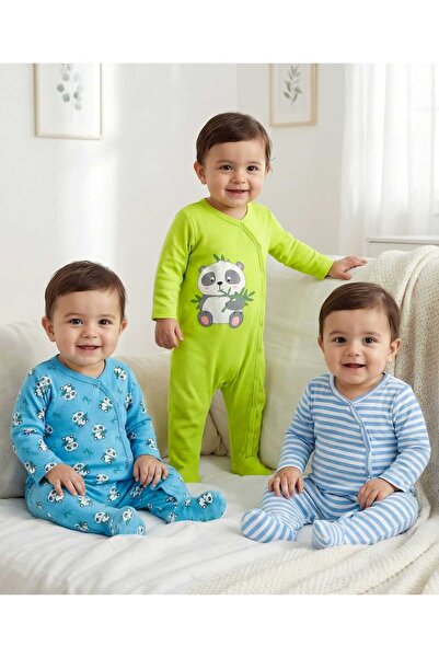 Babyhug Cotton Footed Sleep Suits with Panda Print (Pack of 3) - Limegreen, L...