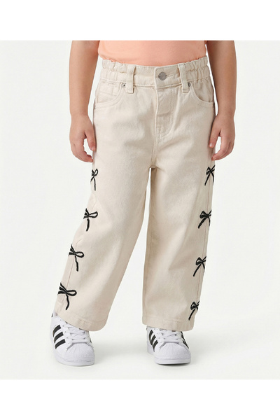 Bonfino Woven Ecru Culotte Jeans with Embroidered Bows at Side Seam - Beige