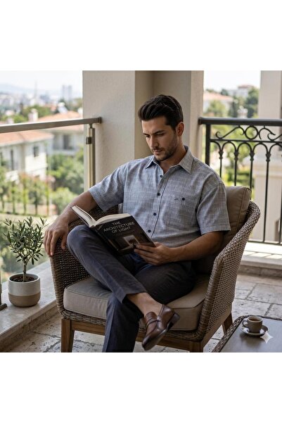 GÖMLEK GALERİSİ Men's Classic Wide Cut Linen Cotton Short Sleeve Shirt