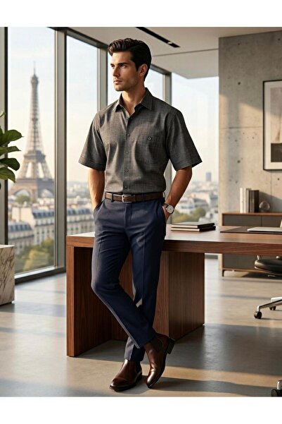 GÖMLEK GALERİSİ Men's Classic Wide Cut Linen Cotton Short Sleeve Shirt