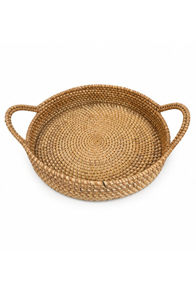ipekbambuhome Doğal El Örgüsü Rattan Hasır Tepsi 30 cm Yuvarlak Kulplu Servis...