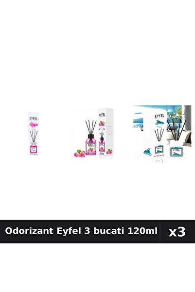 Eyfel Set 3 Odorizant Camera cu Betisoare - Bubble Gum, Trandafir, Ocean 120ml