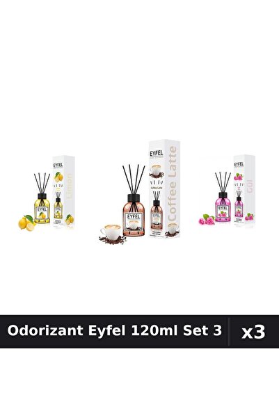 Eyfel Set 3 Odorizante Camera cu Betisoare 120ml - Lamaie, Cafea, Trandafir