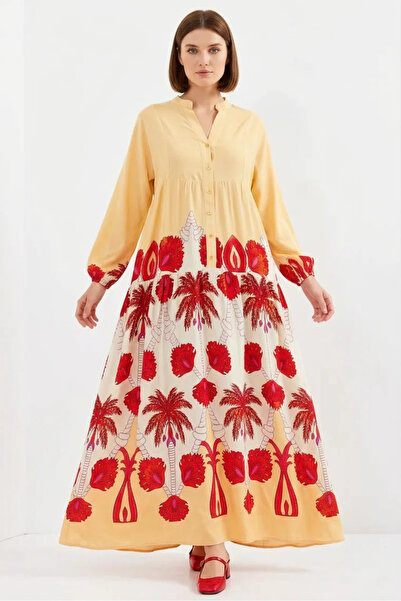 Efnaz style Women's Shirt Collar Floral Patterned Viscose Yellow Hijab Dress
