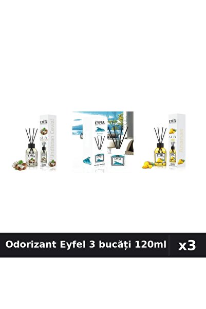 Eyfel Set 3 Odorizante Camera cu Betisoare - Ananas, Nucă de Cocos, Ocean, 120ml
