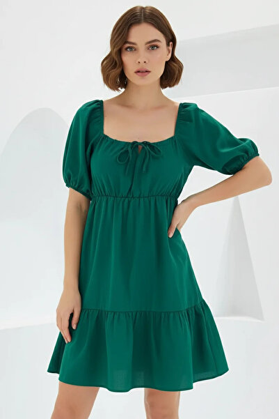 buğrahayalin Women's Square Neck Gathered Waist Flared Ruffle Hem Short Sleev...