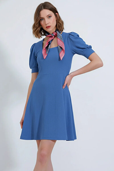 buğrahayalin Women's Square Collar Embossed Patterned Indigo Dress