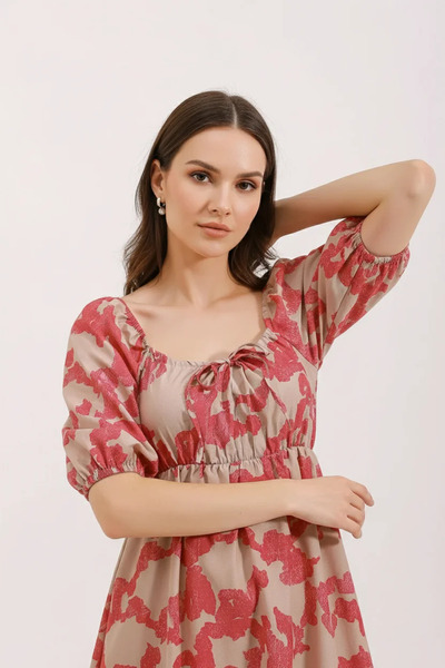 buğrahayalin Women's Square Neckline, Gathered Waist, Flared Short Sleeve, Fl...