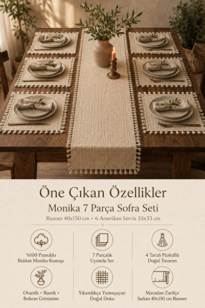 Morlay 7 Parça Monika Sofra Seti 1 Runner 6 Amerikan Servis Supla %100 Pamuklu Buldan Kumaşı Püsküllü Bohem 40x150 Masa Seti