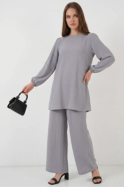 buğrahayalin Women's Round Neck Gathered Waist Gray Suit