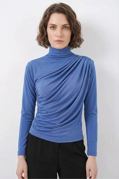 buğrahayalin Women's Turtleneck Gathered Detail Indigo Blouse