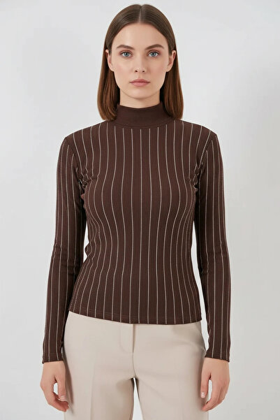 buğrahayalin Women's Turtleneck Stone Detailed Vertical Striped Brown Bodysuit