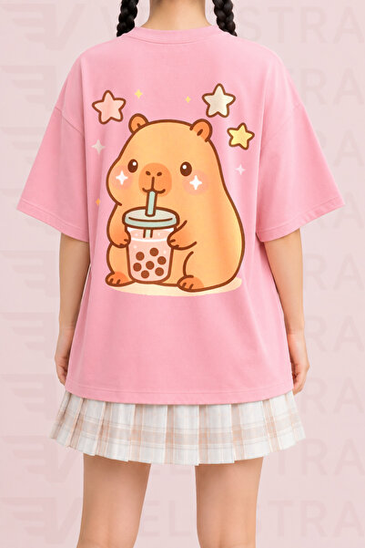 Velostra Women's Bubble Tea Capybara Printed Oversize Crew Neck Cotton Casual...