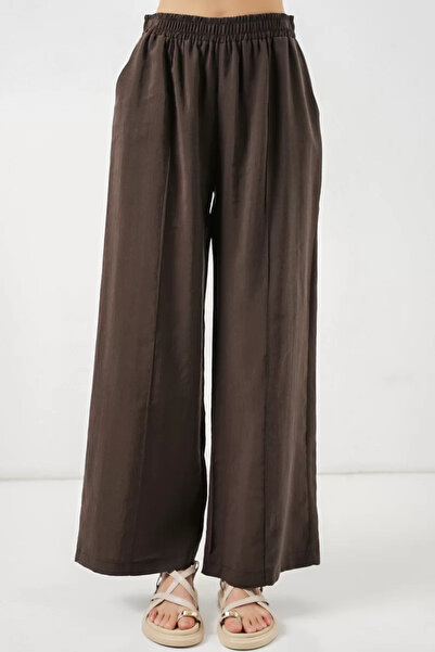 buğrahayalin Women's Elastic Waist Wide Leg Light Brown Palazzo Trousers