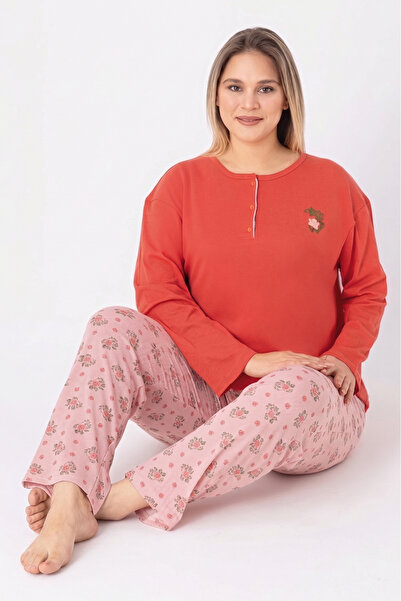 Farya Home Plus Size Cotton Buttoned Collar Long Sleeve Combed Cotton Pajama Set