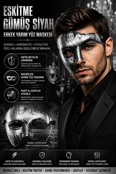 Tamsena Store Eskitme Gümüş Siyah Erkek Yarım Yüz Maskesi Parti Balo Cosplay ...
