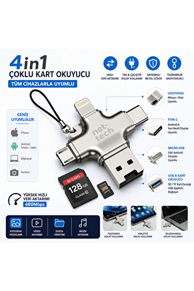 Boğazören Çoklu Adaptör Usb Çoklayıcı Flash Bellek Telefona Bağlama Veri Aktarım Adaptörü 4 İN 1 iPhone Samsung Uyumlu Çoklu Dönüştürücü USB Type-C Lightning USB OTG Adaptör Çevirici