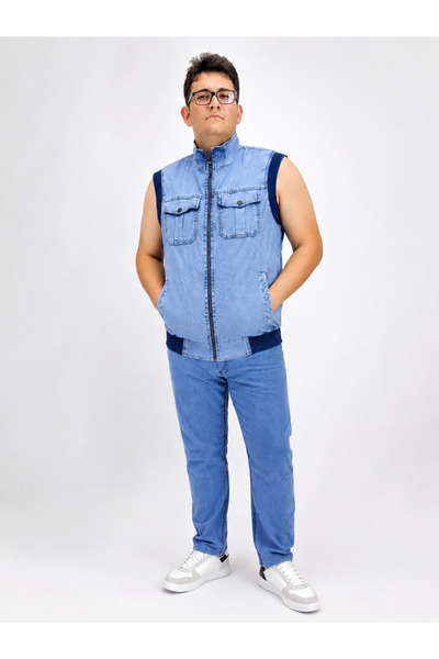 Ramon Miele Large Size Denim Stand Collar Zipper Pocket Bomber Men's Vest