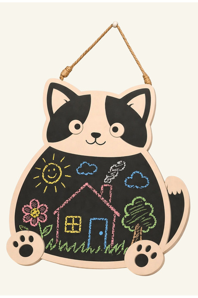 NCPUZZLES Kedi Figürlü Ahşap Kara Tahta Yazı Tahtası, 55 cm X 54 cm, Çocuk Od...