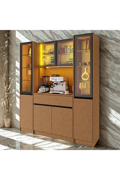 SARIOĞLU MOBİLYA NORDIC WOOD LED’li Kahve Köşesi Ünitesi MAXI | Çift Vitrinli...