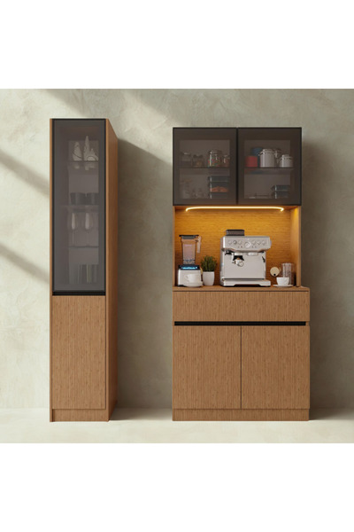 SARIOĞLU MOBİLYA NORDIC WOOD LED’li Kahve Köşesi Ünitesi | Sol Vitrinli Füme ...