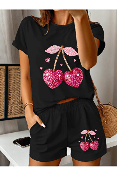 gencerco İnci Aşk Kalp Cherry Printed Γυναικείο Premium Oversize Σετ μπλουζάκ...