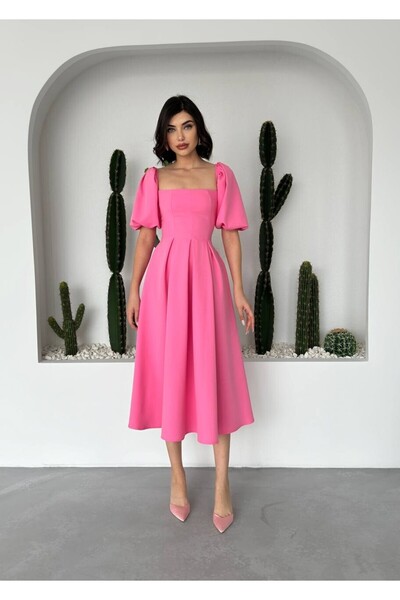 Caddebostan Moda Square Neck Balloon Sleeve Midi Dress with Bell Skirt - Styl...