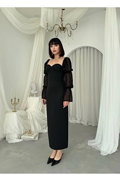 Caddebostan Moda Square Neck Chiffon Sleeves Satin Look Midi Evening Dress